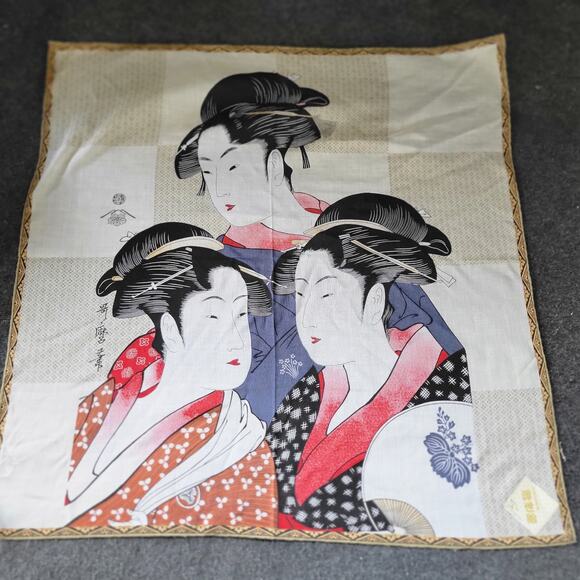 New / Vintage Ukiyo e Woven Cotton Fabric Handkerchief 3 Japanese Women 17 in - Picture 1 of 5